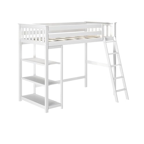 Max & Lily High Loft Bed, Twin Bed Frame For Kids With Bookcase, White Max & Lily