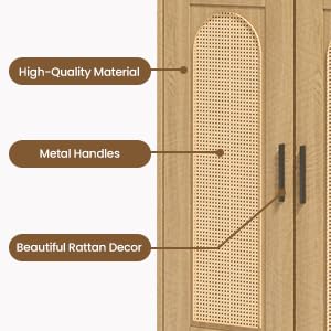 Patikuin Rattan Sideboard Buffet Cabinet, 4 Doors Accent Storage Cabinet, Console Table Coffee Bar with Power Outlet, Adjustable Shelves for Kitchen, Dining Room, Hallway, Living Room, Natural Patikuin