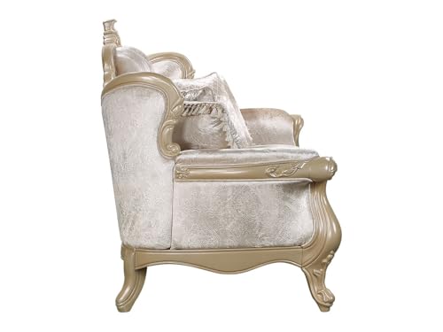 Acme Libertee Upholstered Sofa with 5 Pillows in Beige and Champagne Acme