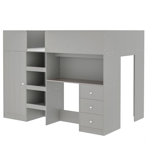Harper & Bright Designs Full Size Loft Bed with Desk, Wood Full Loft Bed Frame with Built-in Wardrobe, Storage Shelves and Drawers, Gray Harper & Bright Designs