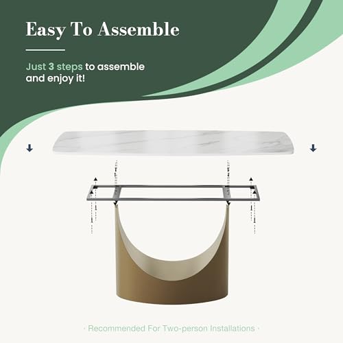 POVISON 94" Modern Dining Table for 8-10, Hobart Matte White Dining Room Table, Sintered Stone Tabletop with Bronze Carbon Steel Pedestal, 94 inch Rectangle Dining Table (Table Only) POVISON