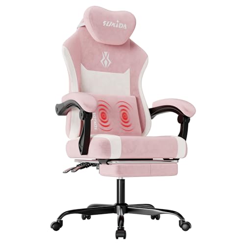 SUKIDA Plush Fabric Gaming Executive Office Chair, Ergonomic High-Back Computer Desk Chair with Large Adjustable Lumbar Support, Headrest and Linked Armrests for Long Hours Sitting Task Chair, Pink SUKIDA