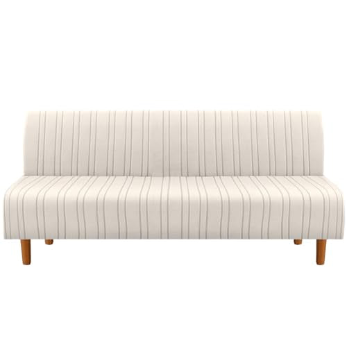 H.VERSAILTEX Stretch Futon Slipcover Armless Sofa Cover Furniture Protector Without Armrests Slipcover Soft with Elastic Bottom for Kids, Spandex Jacquard Modern Stripe Design, Ivory H.VERSAILTEX