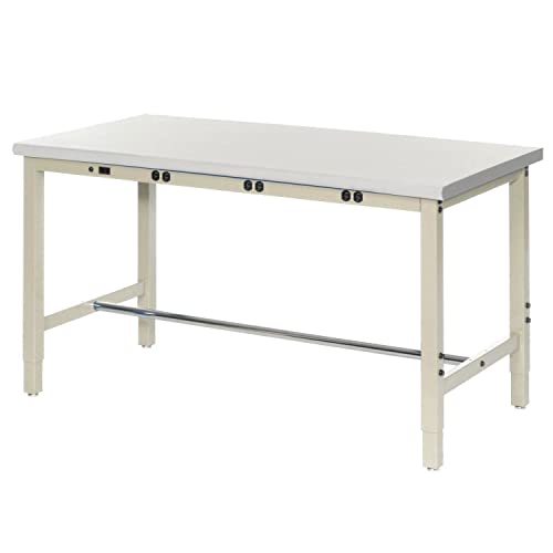 Global Industrial 72" W x 36" D Adjustable Height Workbench, Power Apron, 1-1/4" Thick ESD Laminate Safety Edge, Tan Global Industrial