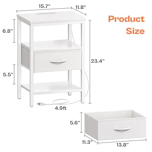 SUPERJARE Nightstand with Charging Station, Bed Side Table with Adjustable Fabric Drawer, Night Stand for Bedroom, 3-Tier Storage End Table, for Living Room, White SUPERJARE