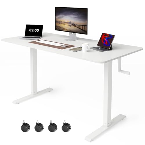 Whole Piece Manual Standing Desk Adjustable Height with Lockable Casters- Hand Crank Stand up Desk with Wheels, Mobile Sit to Stand Workstation with Handle iWkstation