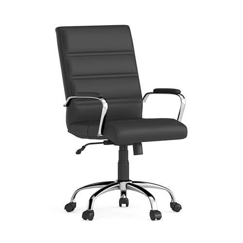 Flash Furniture Whitney Mid-Back Swivel LeatherSoft Desk Chair with Padded Seat and Armrests, Adjustable Height Padded Office Chair, Black Flash Furniture