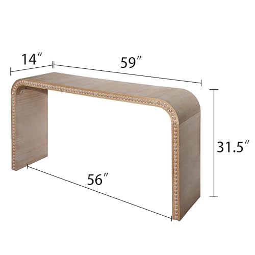 FGXJY 59" Natural Wood Console Table with Curved Waterfall-Style, Rustic Wooden Entryway Table with Wood Beads, Farmhouse Sofa Table Behind Couch for Living Room, Hallway, Entrance FGXJY