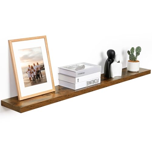 Fun Memories 55 Inch Fireplace Mantel Shelf -Long Floating Shelf, Wall Mounted Farmhouse Display Shelf with Invisible Heavy Duty Metal Bracket, Brown Fun Memories