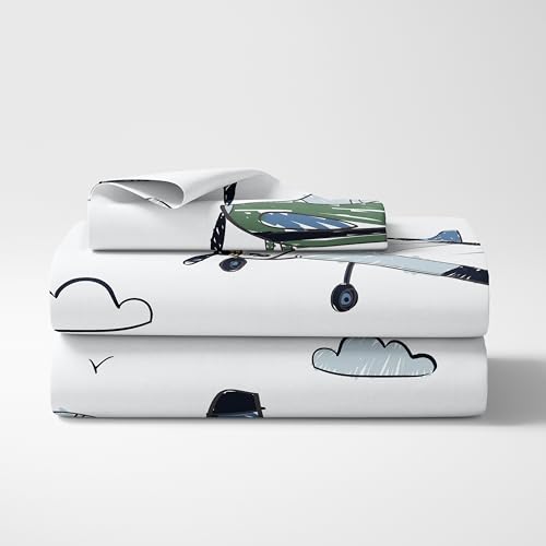 Sweet Jojo Designs Vintage Airplane Boy Twin Sheets Set Single Size Bed Flat Fitted Sheet Pillow Case Kids Childrens Teenager Bedding 3pc Grey Green Blue White Yellow Airplanes Transportation Clouds Sweet Jojo Designs