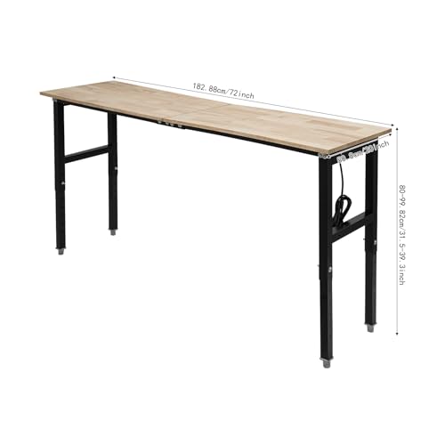 Heavy-Duty Workbench with Power Outlets, 3000lbs Load Capacity 72x20 Inch Work Table with 4 AC & 2 USB Ports, Height Adjustable Workshop Desk 31.5-39.3in Coehazelf