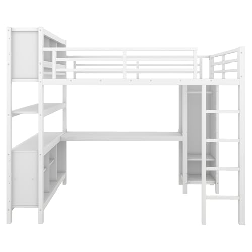 Bellemave Full Metal Loft Bed with Wardrobe, L-Shaped Desk, Storage Cubes and Shelves, Heavy Duty, White Bellemave