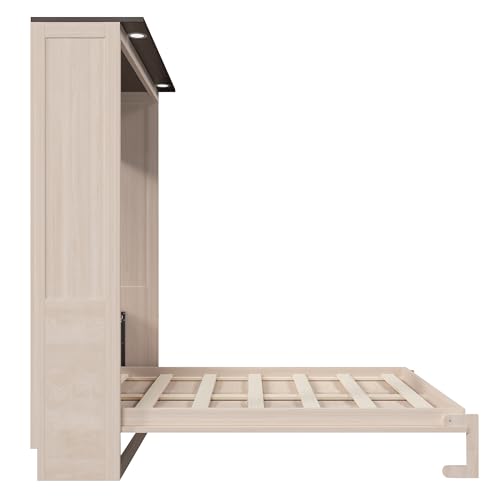 SOFTSEA Queen Size Murphy Bed with LED Lights, Space-Saving Foldable Wall Bed Cabinet for Bedroom, Home Office & Guest Room, Beige SOFTSEA