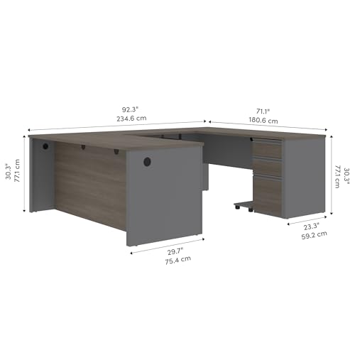 Bestar Prestige + 72W U-Shaped Executive Desk with Pedestal in bark Grey & Slate Bestar