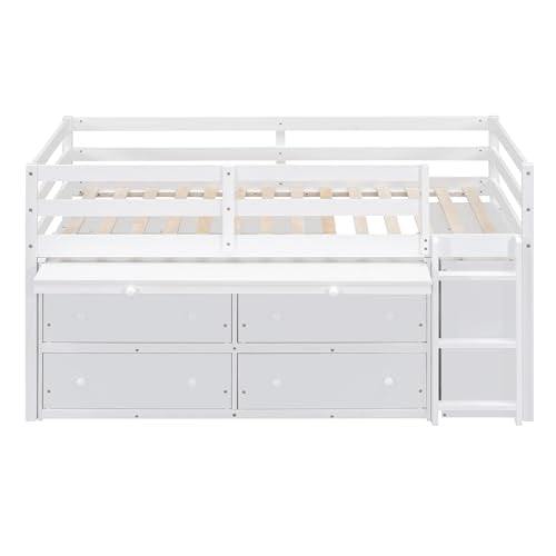 Ball & Cast Twin Size Loft Bed with Retractable Writing Desk & 4 Drawers,Wooden Bedframe W/Lateral Portable Desk & Shelves,Space Saving,Easy Assembly,Study Room Bedroom Set for Boy Girl Keens,White Ball & Cast