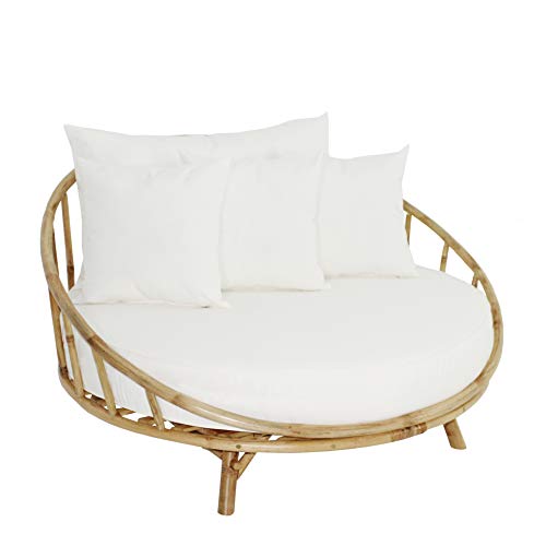 ZEW Rattan Bamboo Round Daybed Outdoor Sofa Chair with Cushion and Pillows for Backyard, Porch, Swimming Pool, Living Room Statra