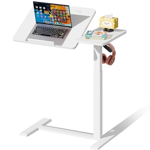 EKNKOZY Standing Desk, Medical Overbed Table with Rolling Tray, Dual Pneumatic Angle and Height Adjustable Desk, Portable Side Table with Hidden Wheels, Home & Hospital Use, White EKNKOZY