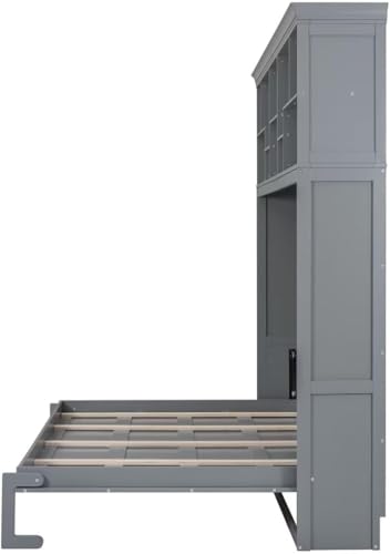 MERITLINE Queen Horizontal Murphy Bed Cabinet with Storage Bookcase Shelves and Charging Station,Wood Folding Grey Murphy Wall Bed for Adult (Grey,Queen) MERITLINE