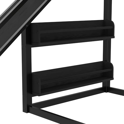 Bellemave Twin Size Bunk Bed with Basketball Hoop, Pull-up Rings and Climbing Wall, Twin Bunk Bed with Slide and Bookcase, Heavy Duty Bunk Beds with Guardrail, Black Bellemave