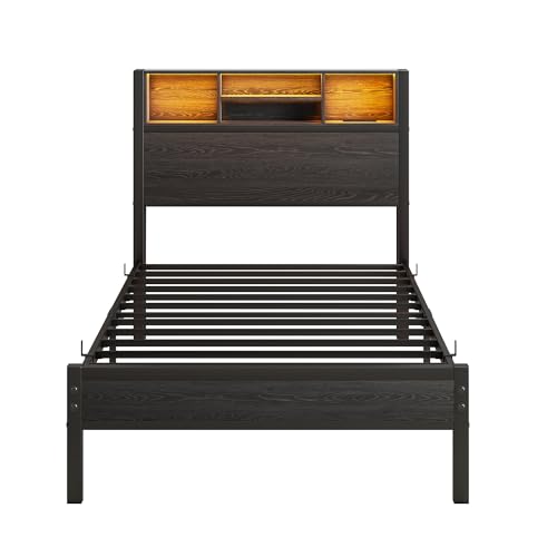 Maliacife Twin Bed Frames with Charging Station and LED Lights,Twin Size Platform Bed with Bookcase Storage,Wood Headboard with Metal Slats, No Box Spring Needed, Easy Assembly, Noise-Free, Black Maliacife