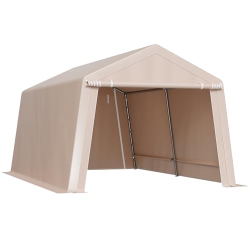 VEVOR 10 × 15 ft Outdoor Storage Shed Tent with Heavy-Duty Steel Frame, 2 Roll-Up Doors & Air Vents, Waterproof Portable Garage Carport Shelter for Motorcycle, Lawn Mower, Garden Tools – Beige VEVOR