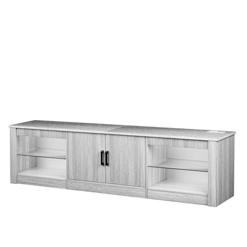 Algglobuy Modern TV Stand for 65 Inch TV with LED Lights, Entertainment Center with Adjustable Tempered Glass Shelves & Power Outlets, Media TV Console Table for Living Room, Bedroom Algglobuy