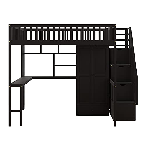 Full Size Loft Beds Stairway Loft Bed Frame with Wardrobe, Desk, Bookcase and Drawers, Espresso Merax