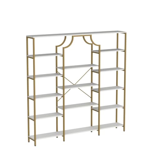 Loomie Gold & White Triple Wide Bookshelf with 13 Open Shelves - Modern Etagere Bookcase for Any Room Loomie