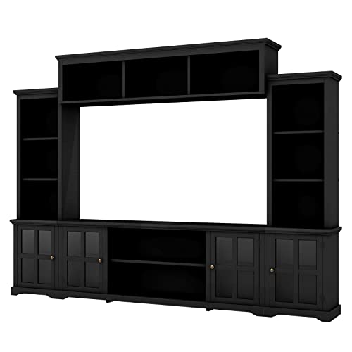 Harper & Bright Designs Modern TV Console Table for TVs Up to 70'', Minimalism Style Entertainment Wall Unit with Bridge, Multifunctional TV Stand with Tempered Glass Door, Black Harper & Bright Designs