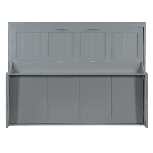 Merax Queen Horizontal Murphy Bed with Hydraulic Lift & Desk, Wood Grey Murphy Bed Cabinet Folding Murphy Chest Bed Queen Size Adults Murphy Bed Merax