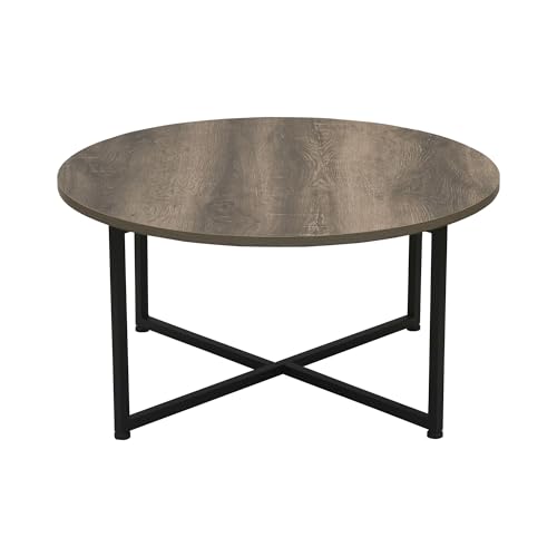 Household Essentials Jamestown Round Coffee Table Ashwood Rustic Wood Grain and Black Metal 31.5 x 31.5, Taupe Household Essentials