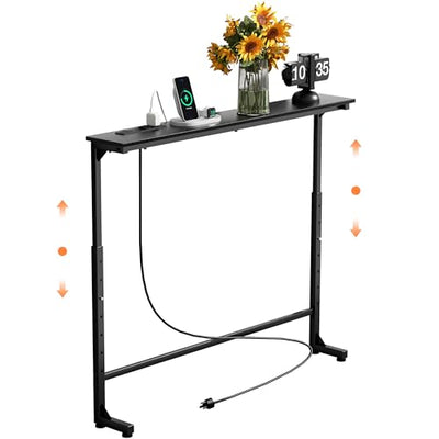 GRLEAF 39" Adjustable Height Narrow Console Table with Power Outlets, Long Sofa Table with Charging Station Behind Couch Table Skinny Entryway Table for Living Room, Hallway and Office – Black