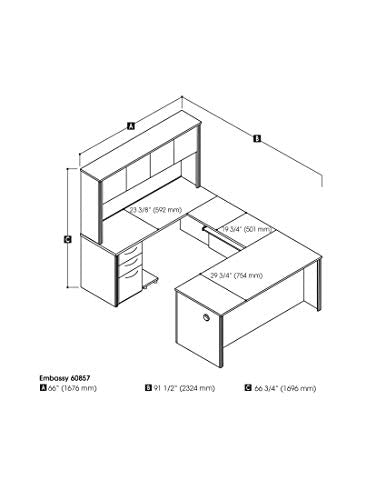 Bestar Embassy 66W U-Shaped Executive Desk with Pedestal and Hutch in Dark Chocolate Bestar