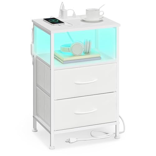 SONGMICS BELLAH Collection - Nightstand with Charging Station and App-Controlled Adjustable LED Lights, Bed Side Table, 2 Drawer and 1 Open Shelf, Bedroom, Cloud White and Snow White ULGS302WH01S SONGMICS