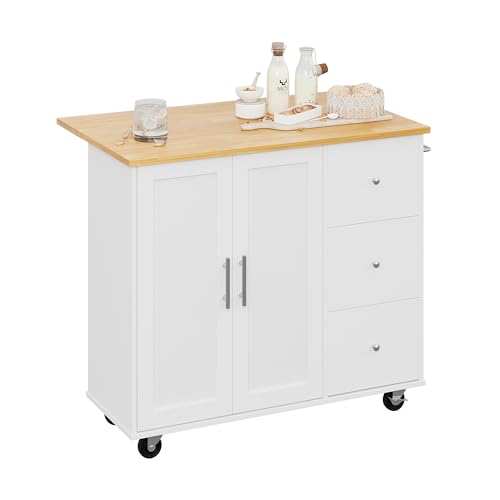 Shintenchi Rolling Kitchen Island Cart with Folding Drop Leaf Breakfast Bar, Portable Trolley Island with Large Storage Cabinet, Shelf and Drawer, White Shintenchi