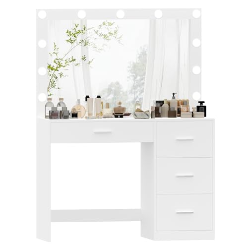 Irontar Makeup Vanity Table, Makeup Table with Large Mirror and 11 LED Lights, Brightness Adjustable, Dressing Table Desk with 4 Drawers, Vanity Desk for Girls, Women, White WDT002W Irontar