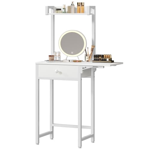 YATINEY Small Vanity Desk Without Mirror, Makeup Vanity Table for Small Space, Compact White Dressing Table with Fold-up Panel and Fabric Drawer, for Bedroom, Easy Assembly, White YATINEY