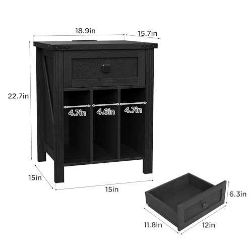 HOSEOKA Record Player Stand with Vinyl Record Storage, Turntable Stand with Charging Station, Wood Vinyl Record Holder Cabinet Dispaly Shelf with Drawer, Black HOSEOKA
