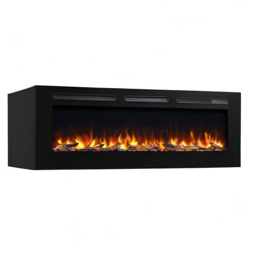 PuraFlame Alice 60 Inches Recessed Electric Fireplace, Flush Mounted for 2 X 6 Stud, Log Set & Crystal, 1500W Heater, Remote Control, Black PuraFlame