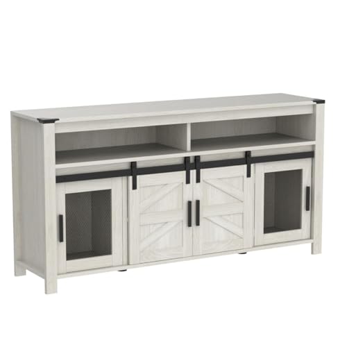 WAMPAT Rustic White Farmhouse Coffee Bar Cabinet with Sliding Barn Doors and Adjustable Storage WAMPAT