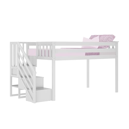 Max & Lily Low Loft Bed, Twin Bed Frame For Kids With Stairs, White Max & Lily