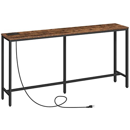 MAHANCRIS 63" Console Table with Power Outlet, Narrow Sofa Table, Industrial Entryway Table with USB Ports, Behind Couch for Entryway, Hallway, Foyer, Living Room, Bedroom, Rustic Brown CTHR16E01Z MAHANCRIS