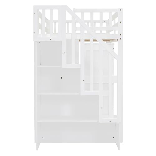 Merax Kids Twin Multifunction Loft Bed with Desk/Wardrobe, Wood Storage Loft Bed with Staircase, Bookshelf & Drawers, No Box Spring Needed, Space Saving, White Merax