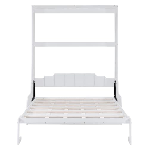 Merax Queen Size Murphy Bed Frame, Modern Wall Bed Can Be Folded into Cabinet, Chair with Cushion, White Merax