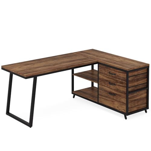 LITTLE TREE Reversible 53-inch L Shaped Desk with 3 Drawer, Farmhouse Corner Desk Gaming Table with Shelves and File Cabinet for Letter Size & Legal Size File for Home Office and Small Space LITTLE TREE
