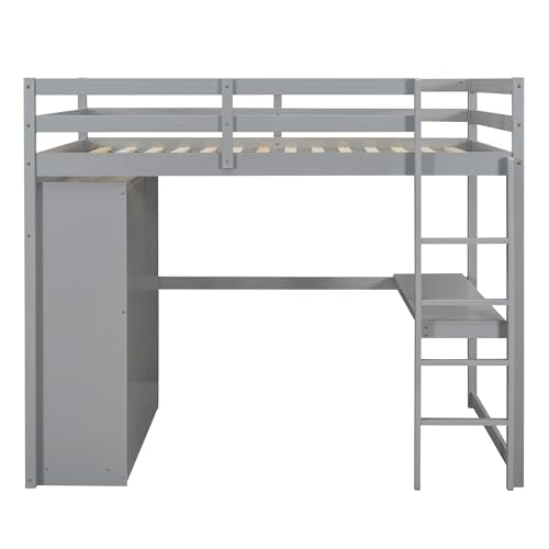 Full Size Loft Bed Frame with Built-in Wardrobe, Desk, Storage Shelves and Drawers, Wood Slat Support Merax