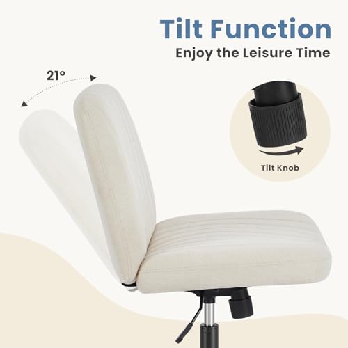DUMOS Criss Cross Chair No Wheels Wide Cross Legged Office Desk Vanity Chair Comfy Fabric Armless Adjustable Swivel for Home Computer Task (Beige) DUMOS