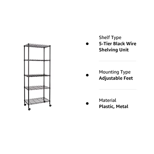 JS HANGER Wire Shelving Unit, 5-Tier Heavy Duty Height Adjustable Rolling Metal Shelves for Storage, 550 lbs Capacity, 23.23''W X 13.4''D X 71''H, Black JS HANGER