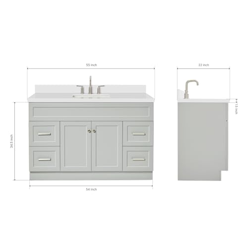 ARIEL 55" Grey Bathroom Vanity 1.5" Edge Pure White Quartz Countertop & Splash, Rectangular Sink, 2 Soft Closing Doors, 4 Full Extension Dovetail Drawers, Built in Toe Kick ARIEL