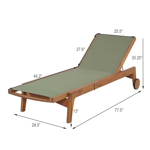 Merax Patio Chaise Lounge Chair, Acacia Wood Frame with Mesh Seat, Adjustable Outdoor Recliner, Weather-Resistant Poolside Lounger Green Merax